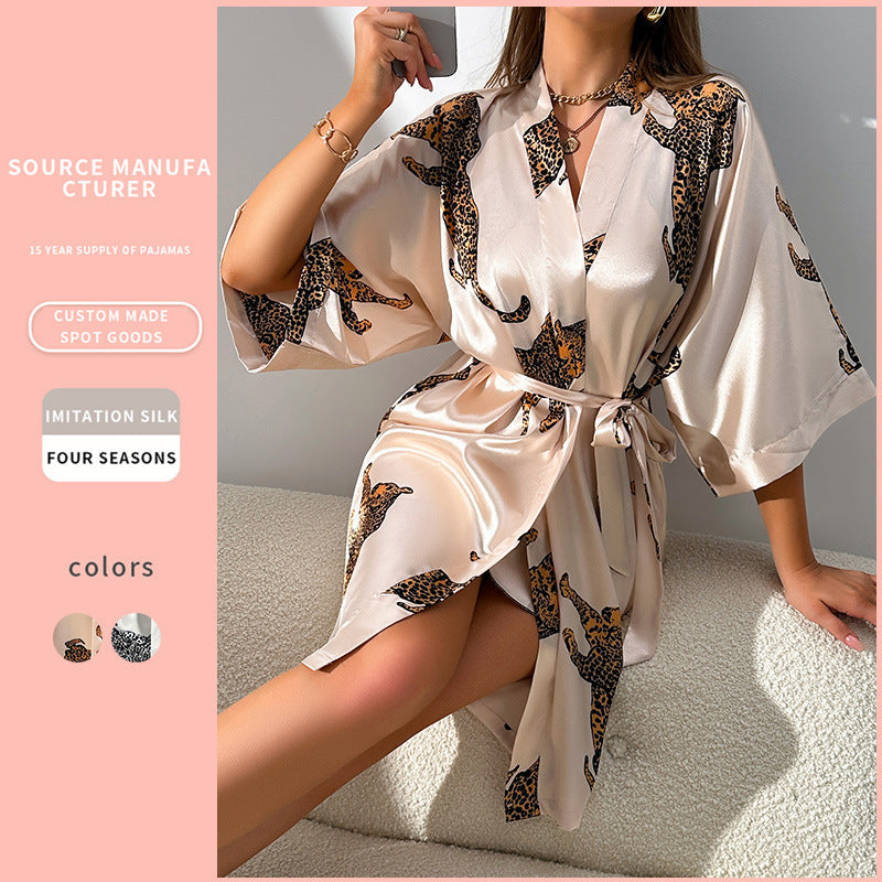 Women's Lace-Up Cardigan Silk Bathrobe Nightgown Pajama Set