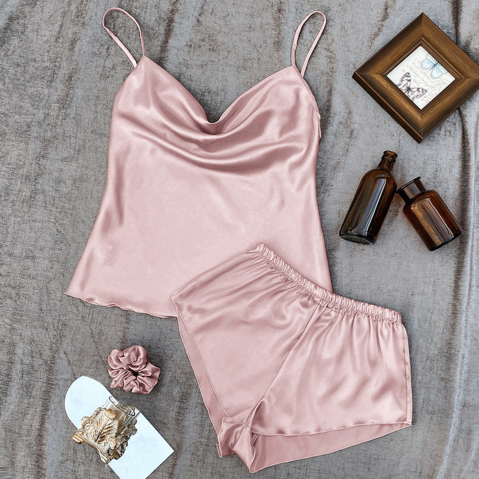 Women's Ice Silk Suspender Shorts Pajama Two Piece Set