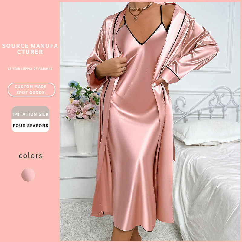 Women's Ice Silk Lace-Up Cardigan Slip Skirt Nightgown Set