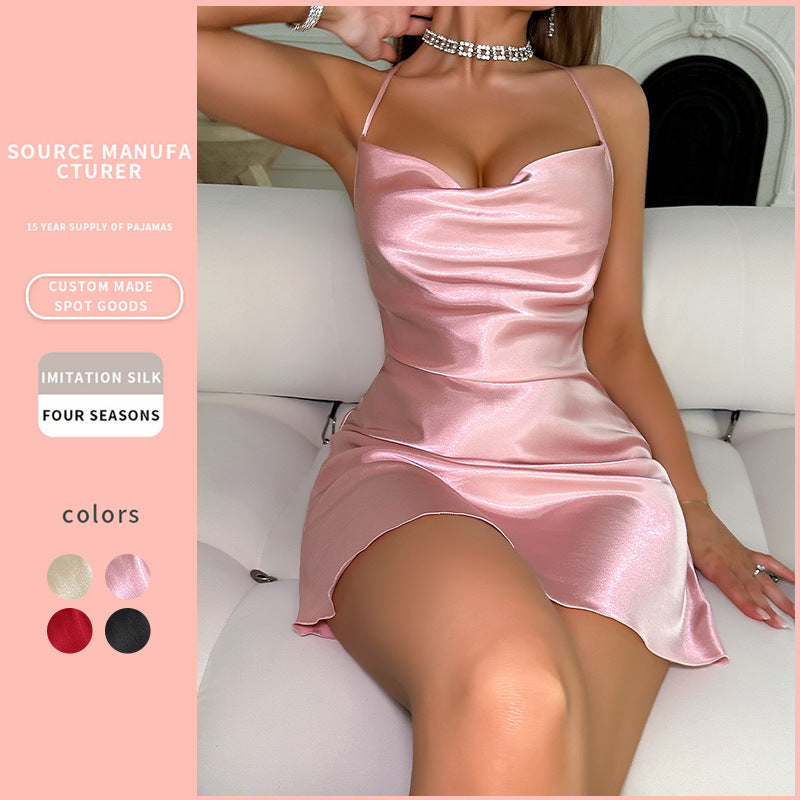 Women's Ice Silk Backless Sling Nightgown Dress Set