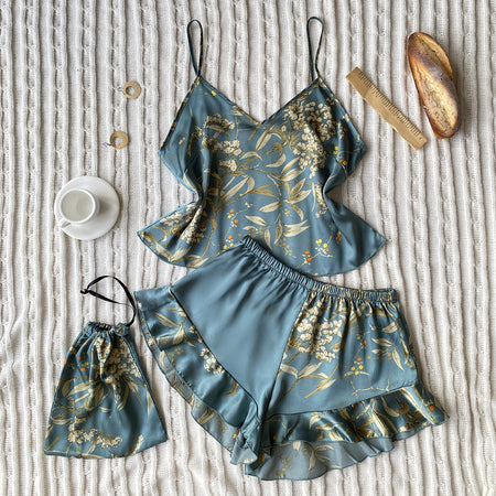 Green Cherry Ice Silk Printed V-Neck Pajama Shorts Set