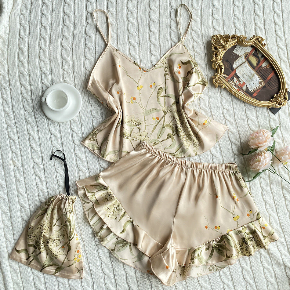Women's Ice Silk Printed V-Neck Pajama Shorts Set