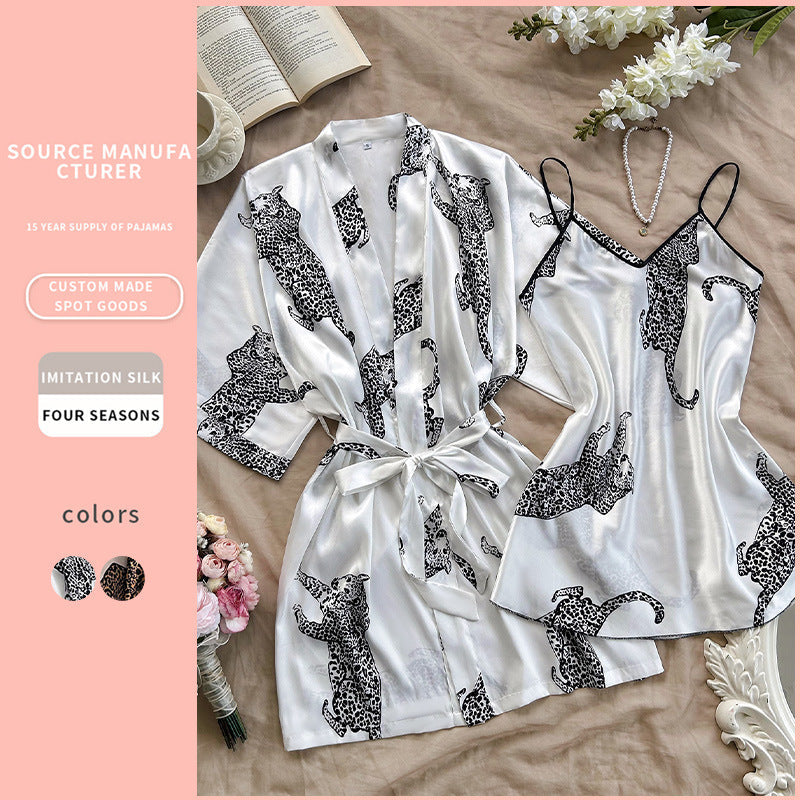Women's Ice Silk V-Neck Sling Nightgown Pajama Set