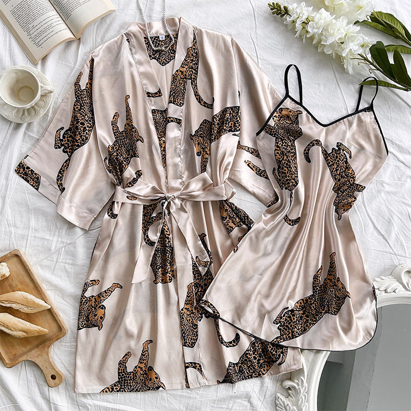 Champagne Ice Silk V-Neck Sling Nightgown Pajama Set