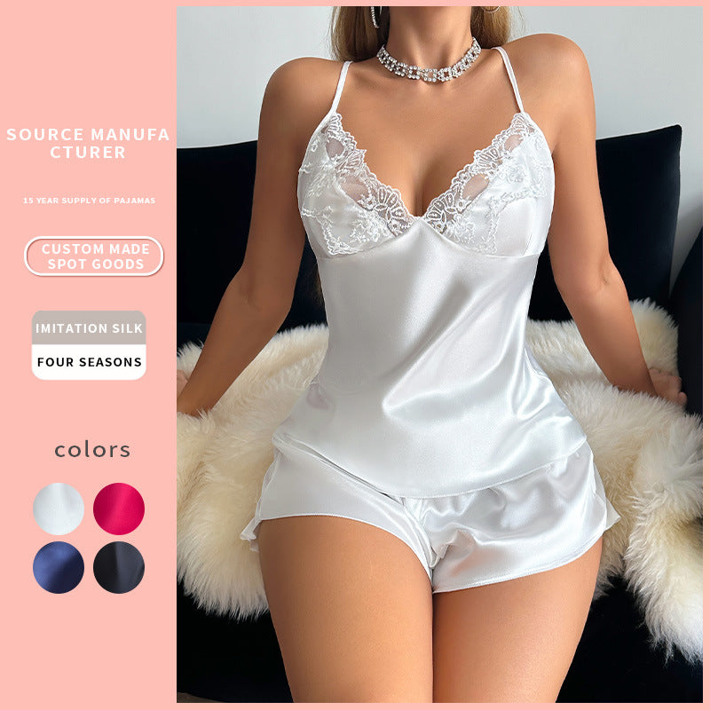 Women's Ice Silk Lace Suspender Shorts Pajama Set Homewear