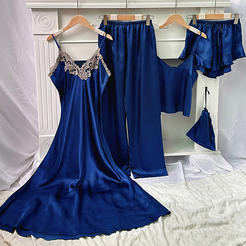 Black Ice Silk Five-Piece Pajama Set Suspender Loungewear Suit