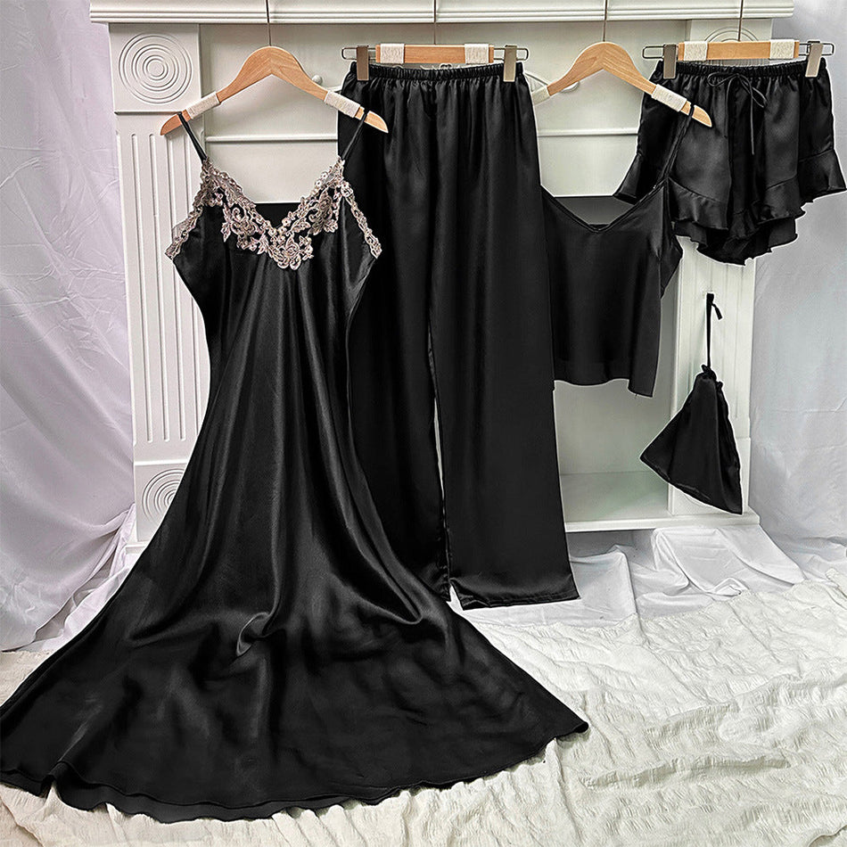 Women's Ice Silk Five-Piece Pajama Set Suspender Loungewear Suit