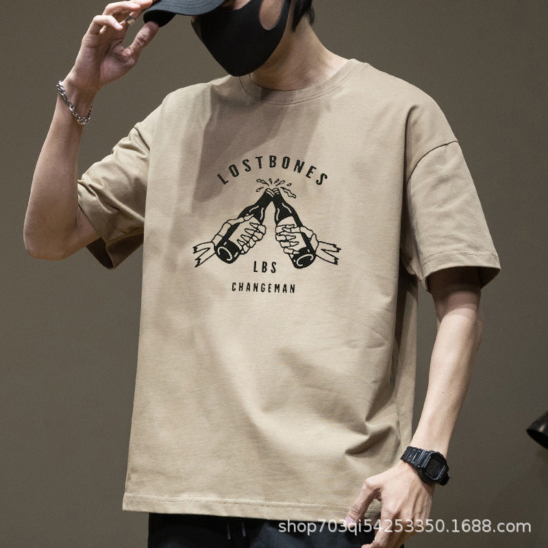 Men's 200g Pure Cotton Loose Fit Letter Print Short Sleeve