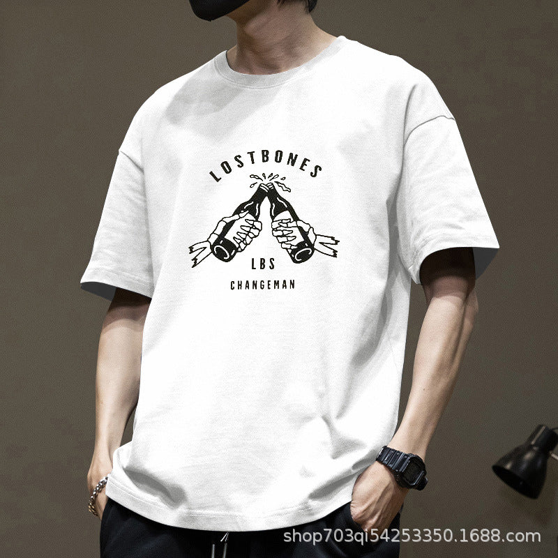 Men's 200g Pure Cotton Loose Fit Letter Print Short Sleeve