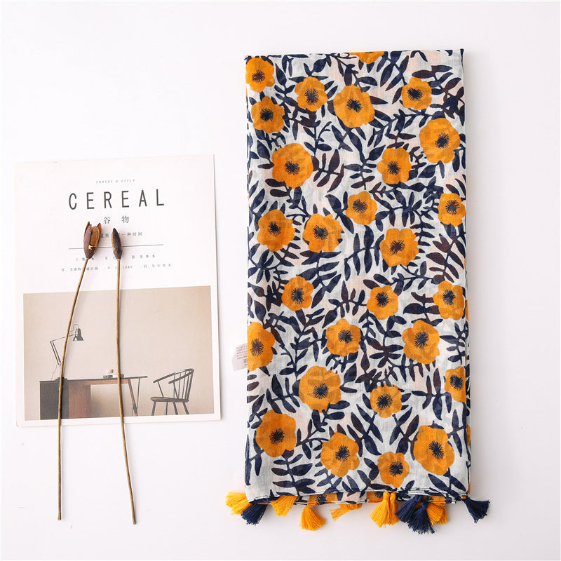 Japanese Style Floral Cotton Linen Print Tassel Scarf Shawl