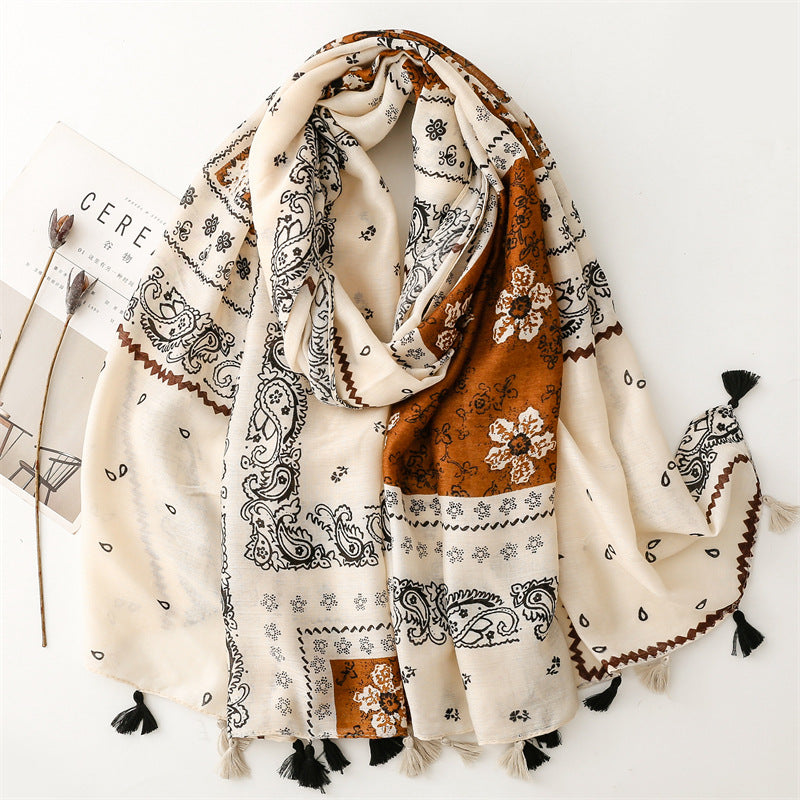 Women's Thick Cotton Linen Printed Tassel Winter Shawl Scarf