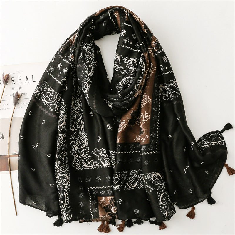 Women's Thick Cotton Linen Printed Tassel Winter Shawl Scarf
