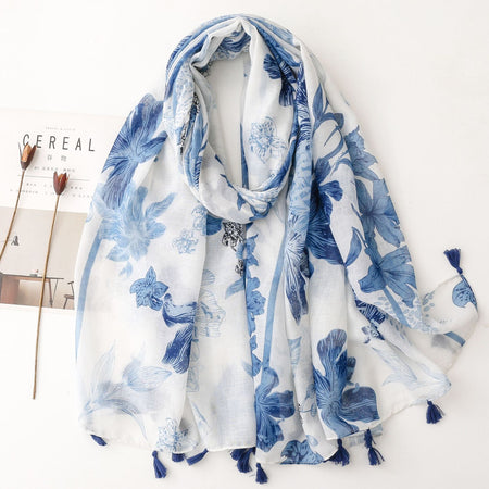 Women's Blue and White Porcelain Ink Print Silk Feel Scarf Shawl
