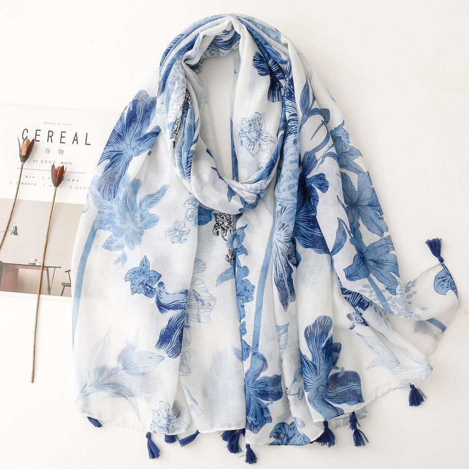 Women's Blue and White Porcelain Ink Print Silk Feel Scarf Shawl