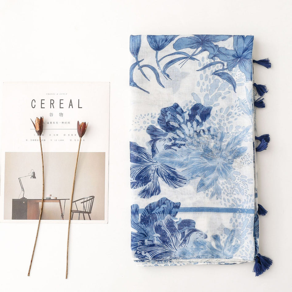 Women's Blue and White Porcelain Ink Print Silk Feel Scarf Shawl