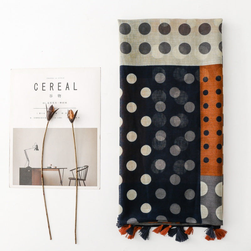 Women's French Retro Polka Dot Color Block Tassel Scarf Shawl