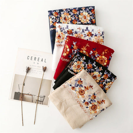 Women's Ethnic Embroidered Solid Color Cotton Linen Scarf Shawl