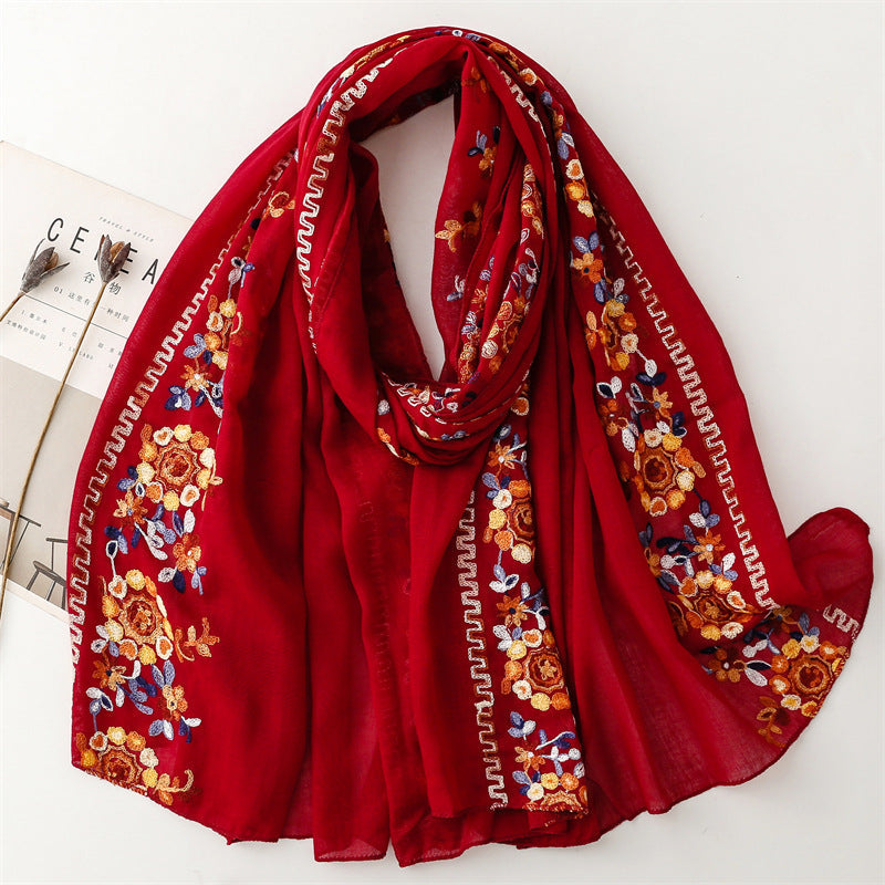 Women's Ethnic Embroidered Solid Color Cotton Linen Scarf Shawl