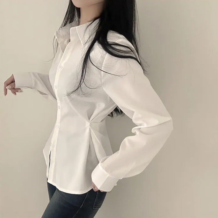 Women's Korean Style Waist-Cinching Lapel Long Sleeve Shirt