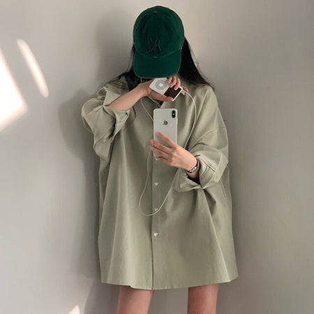 White Chiffon Heart Buckle Loose Lapel Long Sleeve Shirt