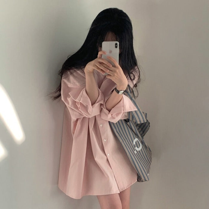 Women's Chiffon Heart Buckle Loose Lapel Long Sleeve Shirt