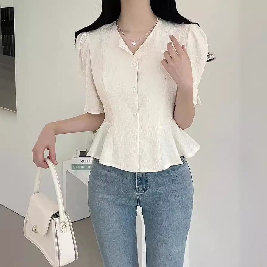 White French Style Jacquard Puff Sleeve Slim Fit Short Shirt