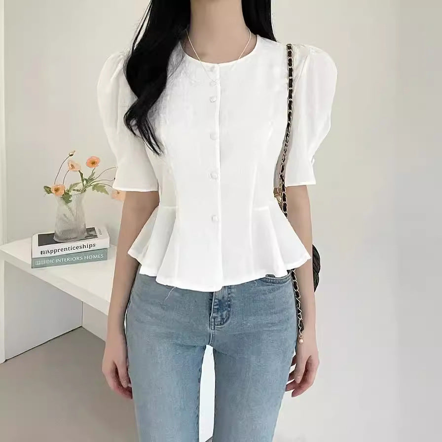 Women's French Style Jacquard Puff Sleeve Slim Fit Short Shirt