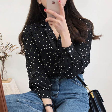 White Korean Style Polka Dot Chiffon Long Sleeve Shirt