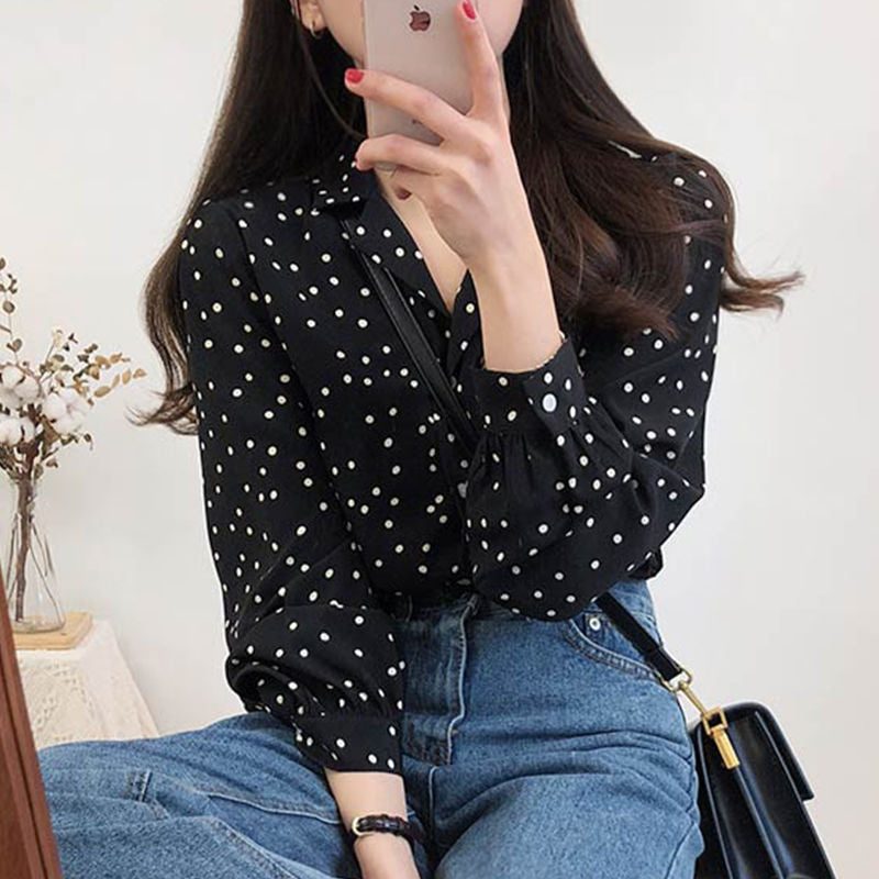 White Korean Style Polka Dot Chiffon Long Sleeve Shirt