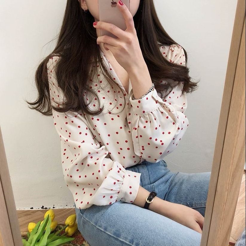Women's Korean Style Polka Dot Chiffon Long Sleeve Shirt