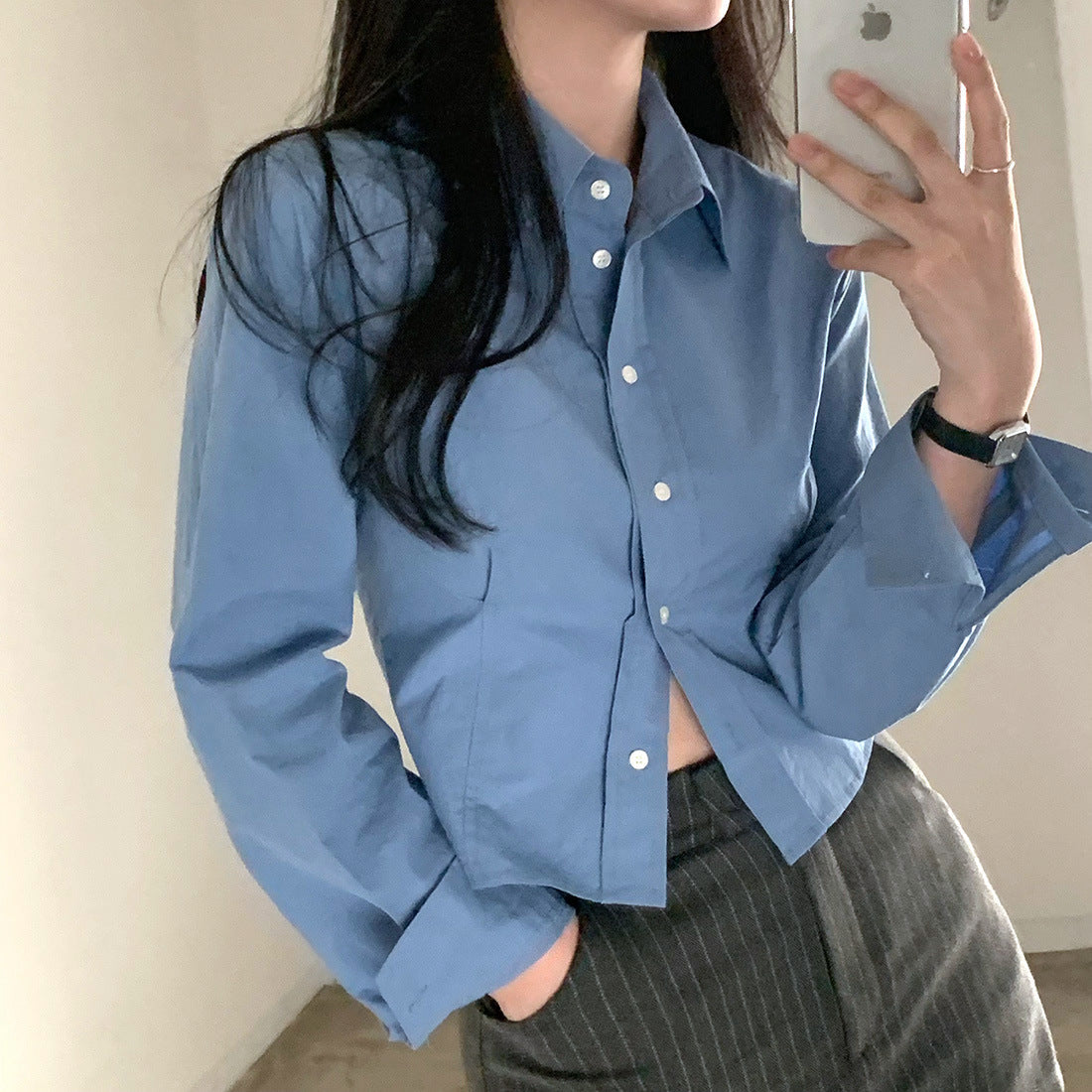 White Korean Style Waist-Cinching Short Lapel Long Sleeve Shirt