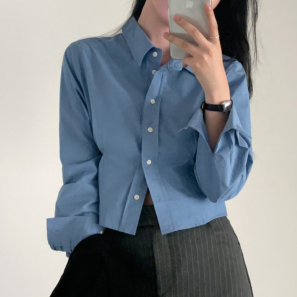 Women's Korean Style Waist-Cinching Short Lapel Long Sleeve Shirt