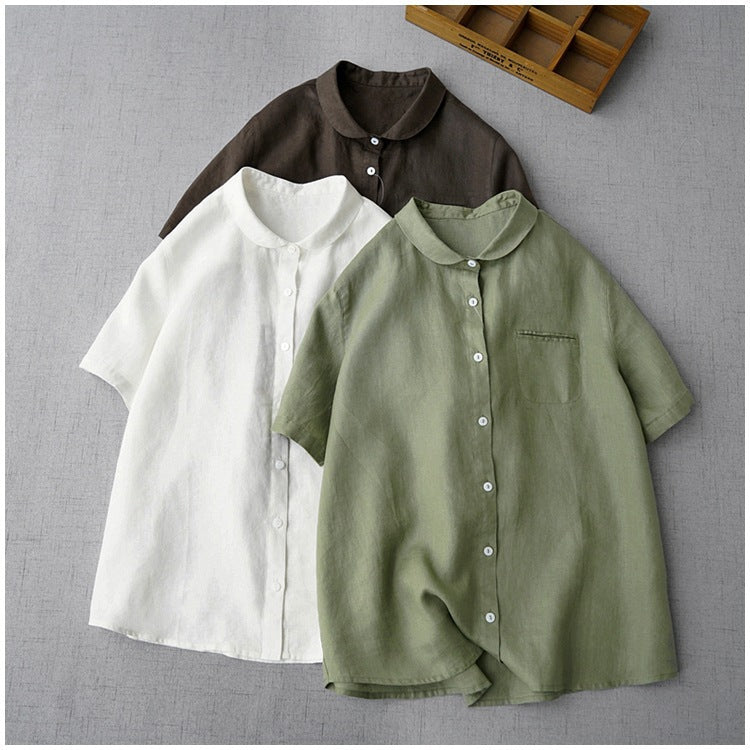 Coffee Brown Retro Hong Kong Style Cotton Linen Loose Lapel Short Sleeve Shirt