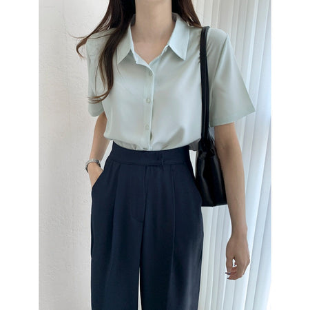 Navy Blue Korean Style Chiffon Polo Collar Princess Sleeve Shirt