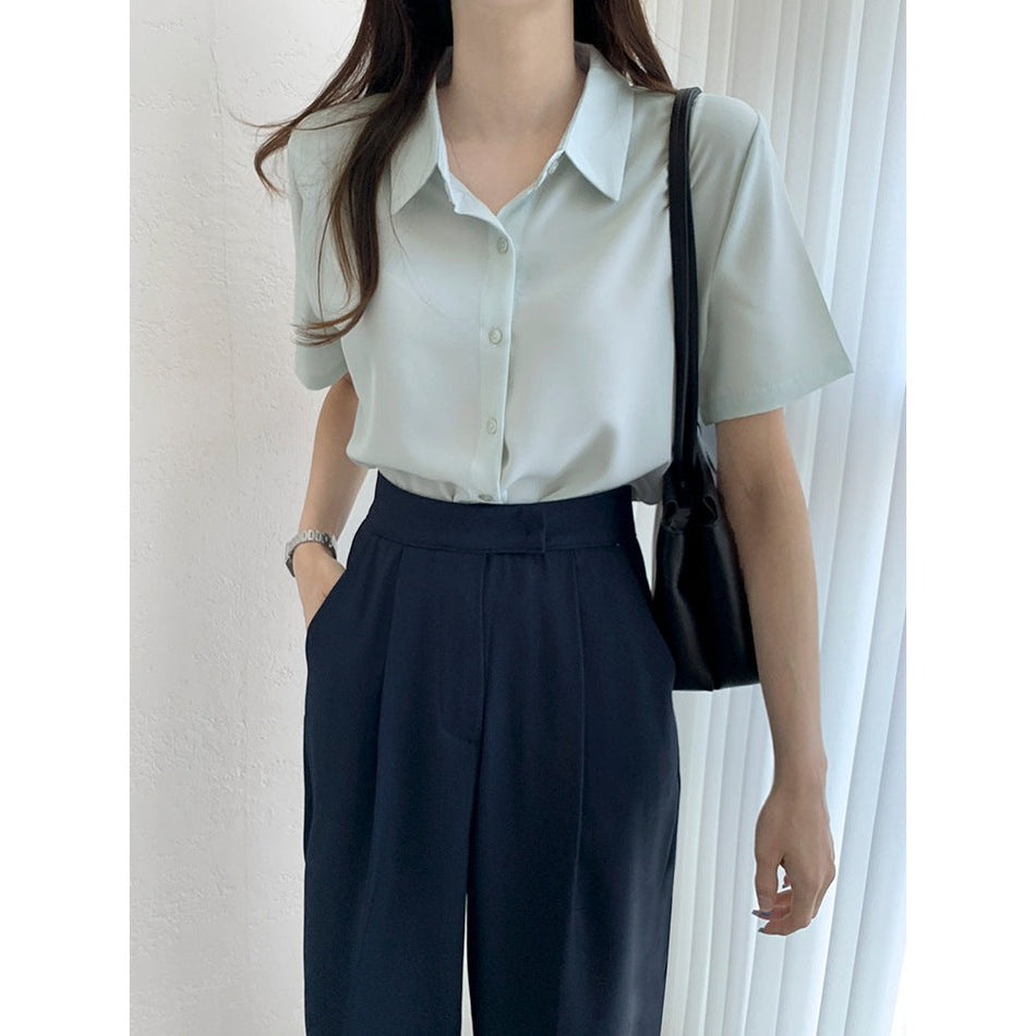 Navy Blue Korean Style Chiffon Polo Collar Princess Sleeve Shirt