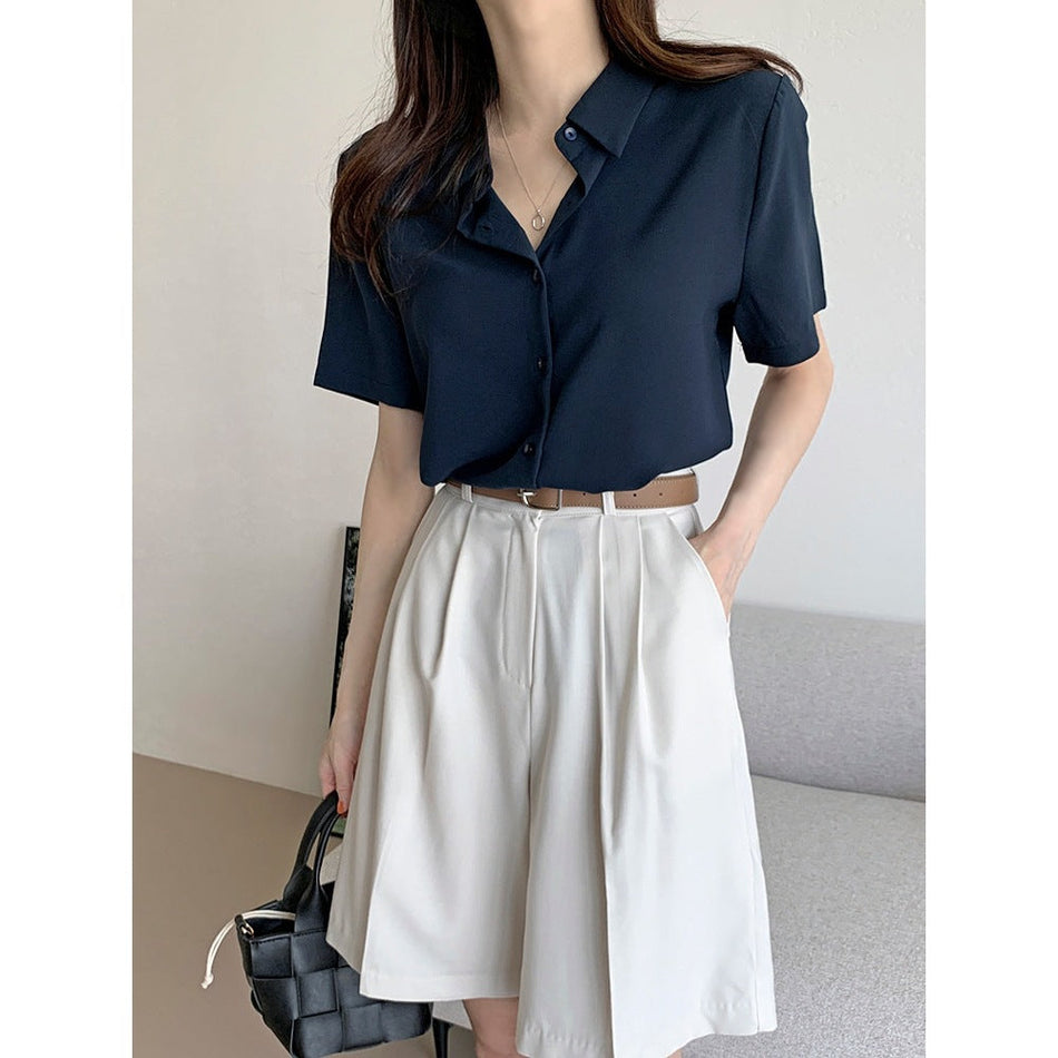 Women's Korean Style Chiffon Polo Collar Princess Sleeve Shirt