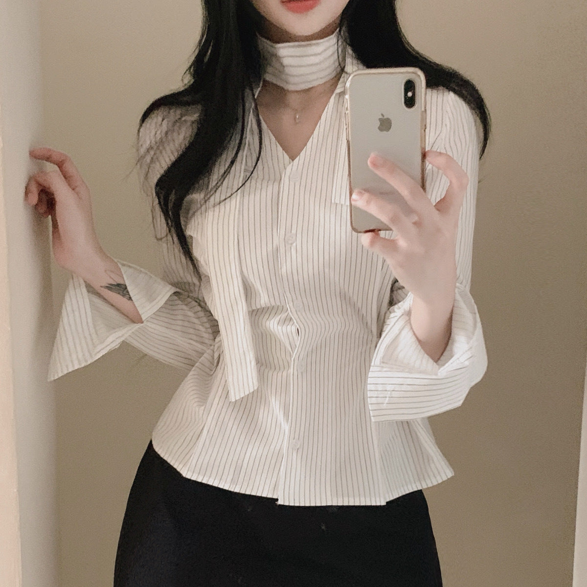White Korean Style Striped V-Neck Tie Waist Slim Shirt