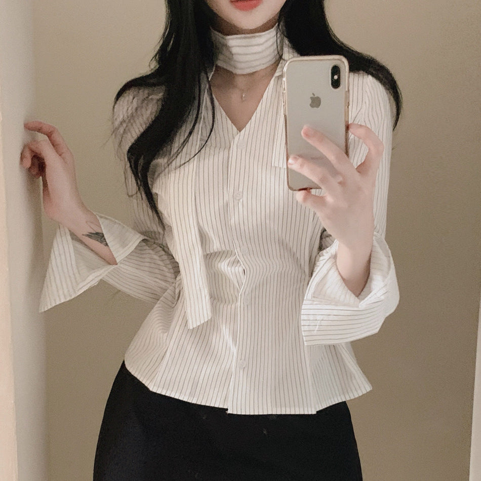White Korean Style Striped V-Neck Tie Waist Slim Shirt