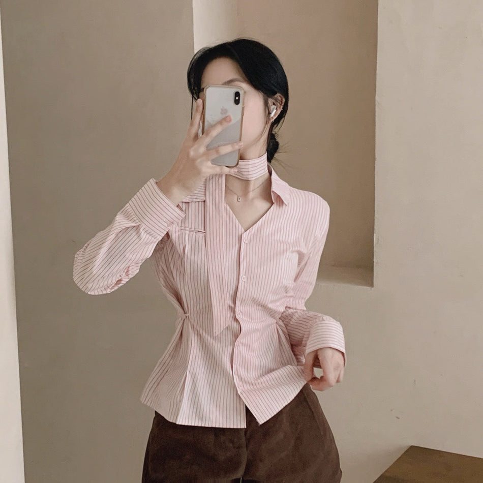 Women's Korean Style Striped V-Neck Tie Waist Slim Shirt