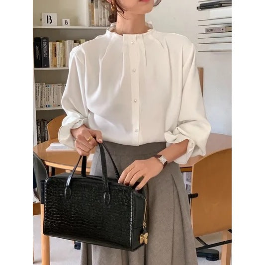 Women's French Style Pleated High Neck Pearl Button Shirt