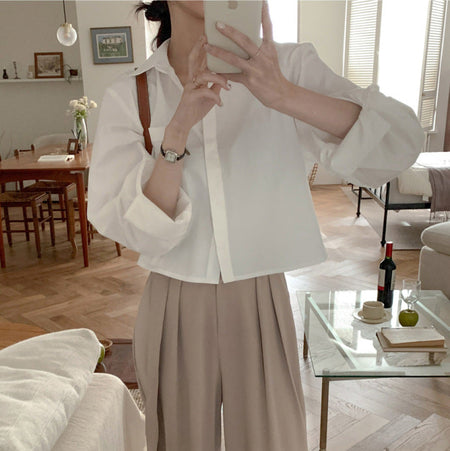 White Korean Style Loose Fit Solid Color Long Sleeve Shirt