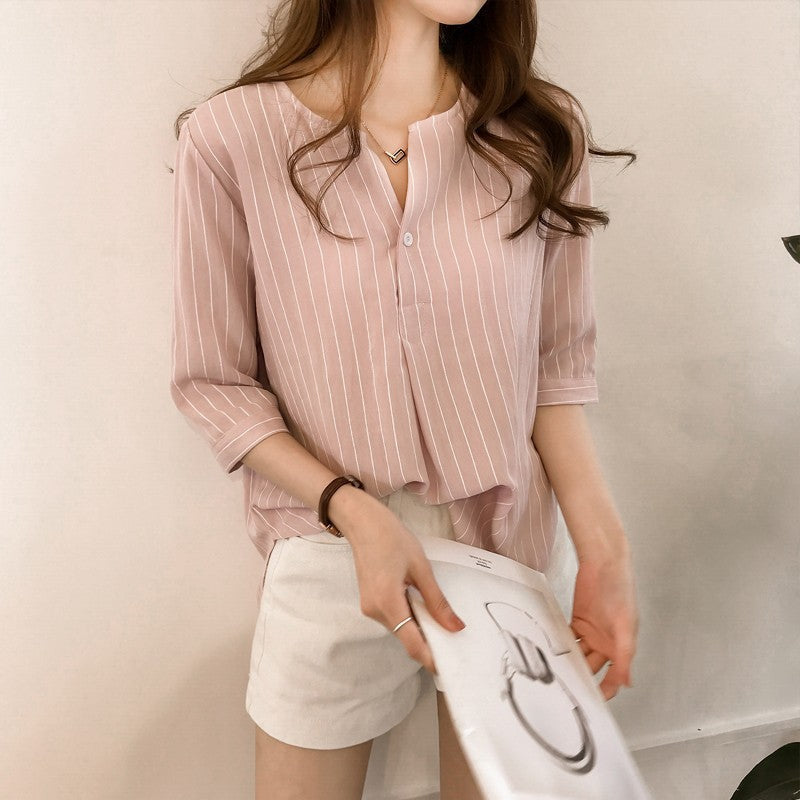 White Korean Style V-Neck Striped Loose Fit Casual Shirt