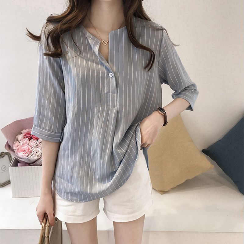 Women's Korean Style V-Neck Striped Loose Fit Casual Shirt