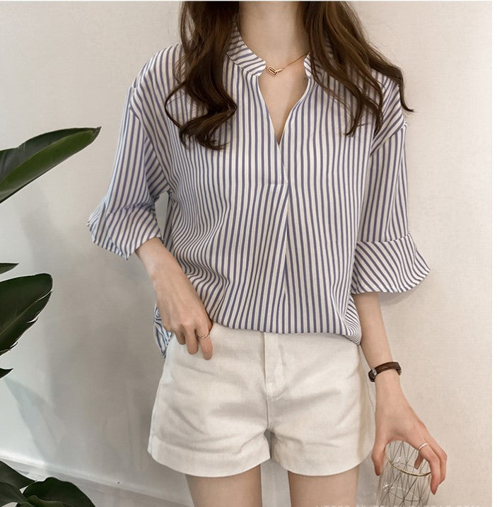 Pink Loose V-Neck Striped Three Quarter Sleeve Casual Shirt