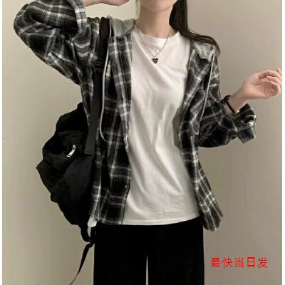 Navy Blue Retro Plaid Hooded Shirt Jacket Loose Single-Breasted