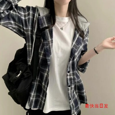 Women's Retro Plaid Hooded Shirt Jacket Loose Single-Breasted