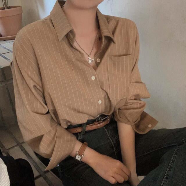 White Retro Striped Loose Lapel Shirt Long Sleeve Casual Top