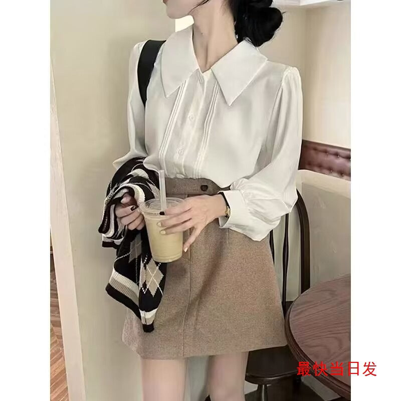 French Style Drapey White Puff Sleeve Shirt for Women Loose Fit