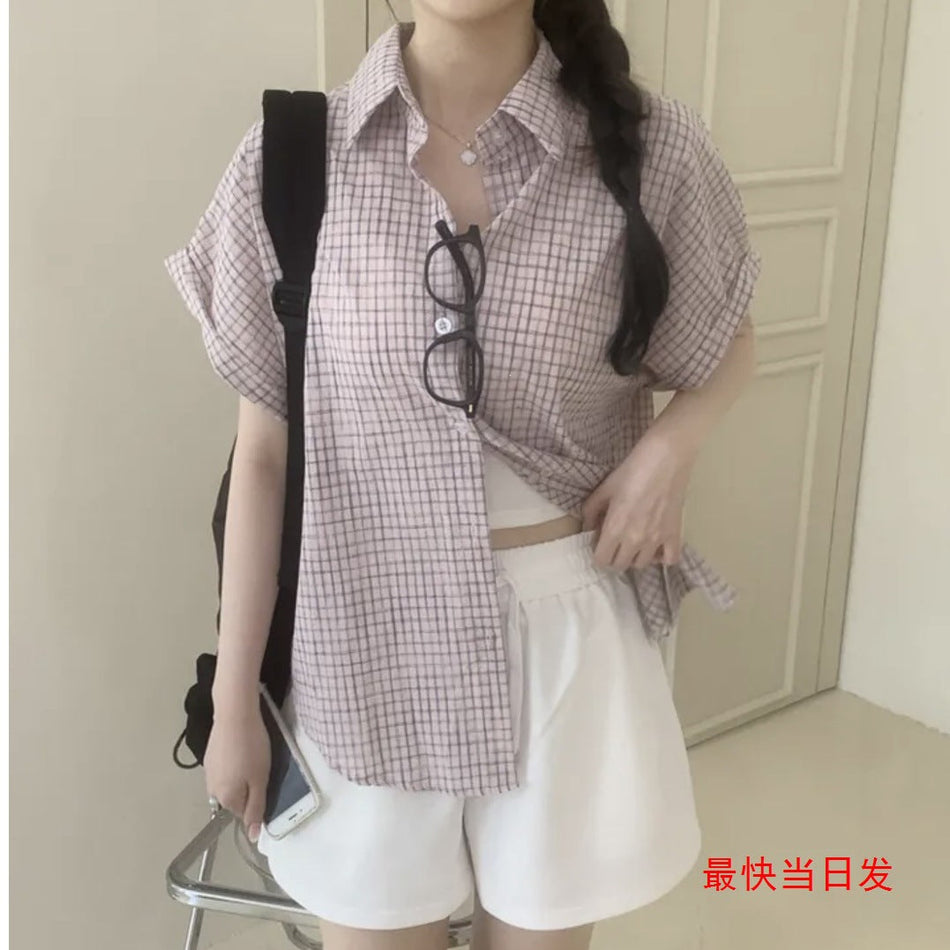 Women's Retro Plaid Lapel Short Sleeve Casual Shirt Top