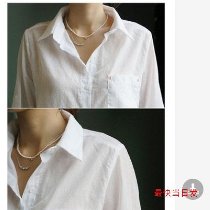 Women's Slim Fit White Long Sleeve Lapel Casual Shirt Top